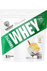 Lifestyle Whey protein powder from Swedish Supplements in vanilla ice flavor, 900g package, ideal for muscle recovery.