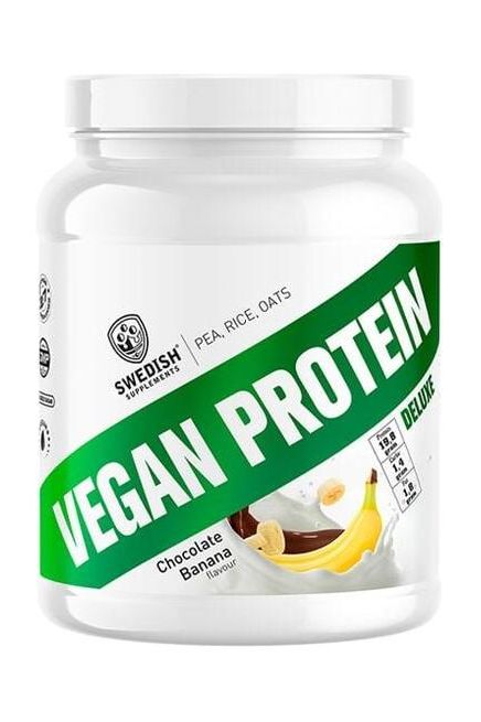 Swedish Supplements Vegan Protein Deluxe in Chocolate Banana flavor, 750 g, ideal for snacks and high protein intake.