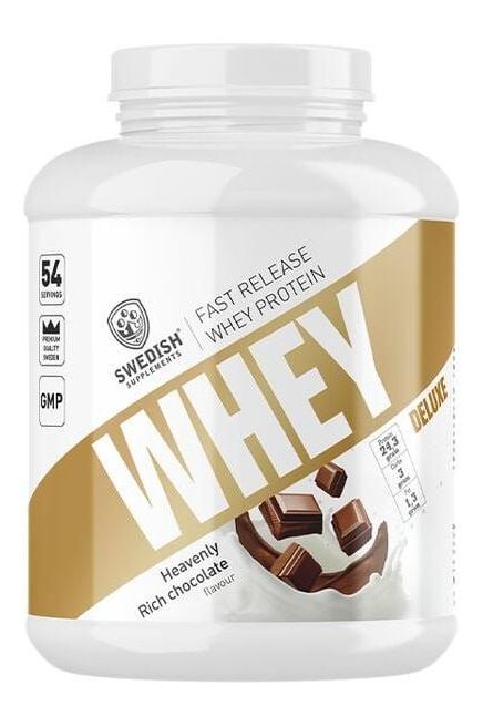 Swedish Supplements Whey Deluxe protein powder with rich chocolate flavor for muscle recovery and growth.