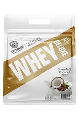 Swedish Supplements Whey Deluxe Chocolate Coconut flavor, 900g protein powder for muscle building and recovery.