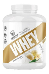 Swedish Supplements Whey Deluxe protein powder in Vanilla Gelato flavor for muscle building and recovery.
