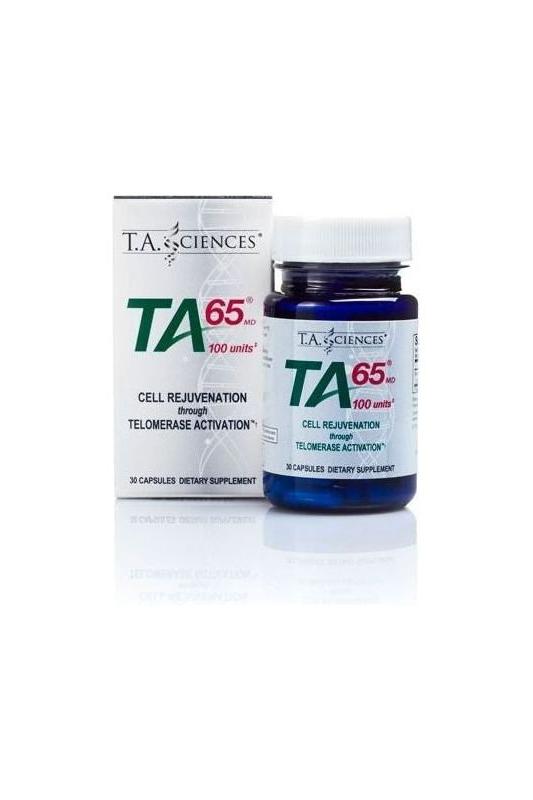 T.A. Sciences TA-65Md Astragalus dietary supplement in a blue bottle with white cap and box, promoting cell rejuvenation.