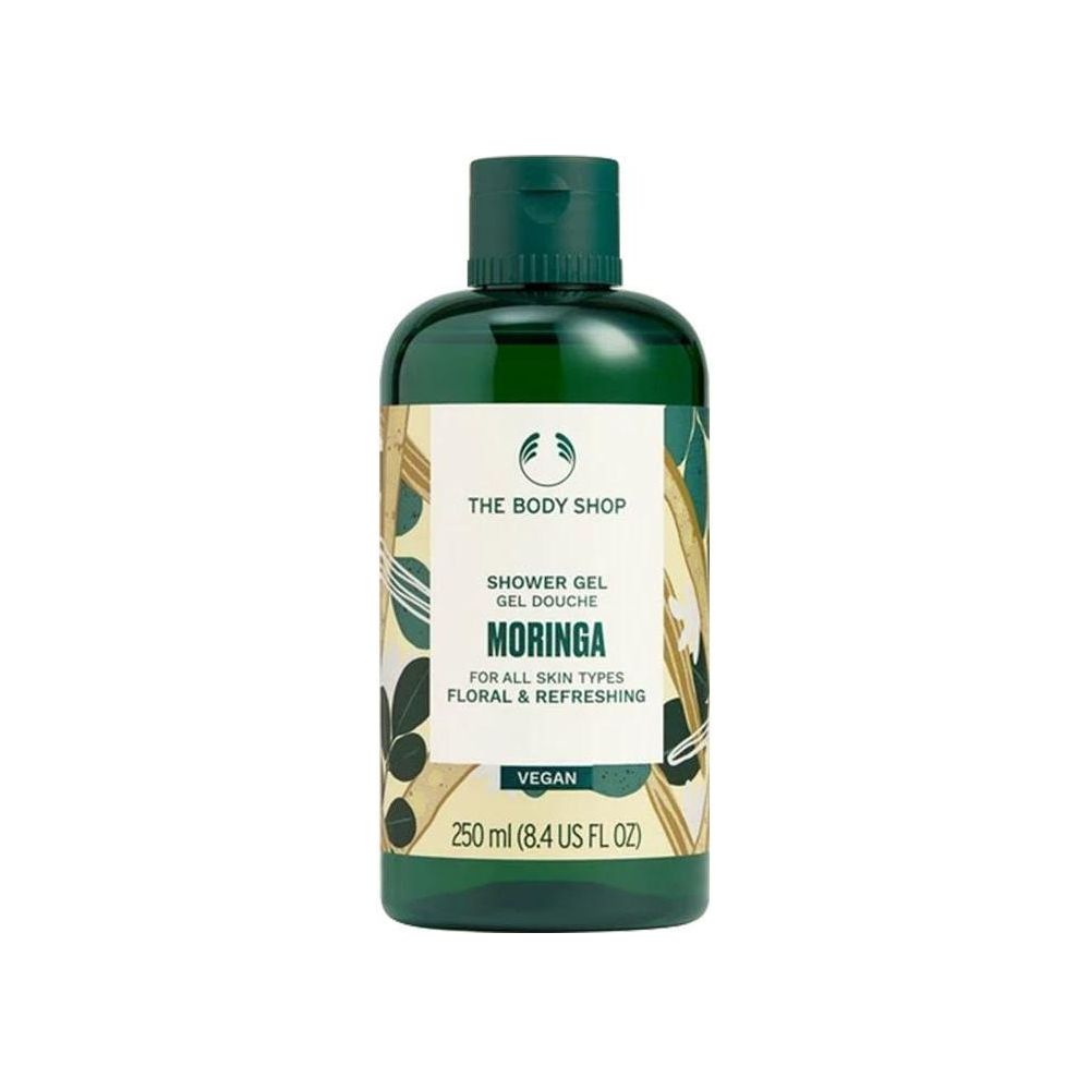 The Body Shop Moringa Shower Gel - 250 ml bottle, vegan and suitable for all skin types, floral and refreshing scent.