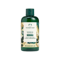 The Body Shop Moringa Shower Gel - 250 ml bottle, vegan and suitable for all skin types, floral and refreshing scent.