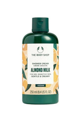 The Body Shop Almond Milk Shower Cream for dry, sensitive skin, 250 ml, vegan and creamy formula.