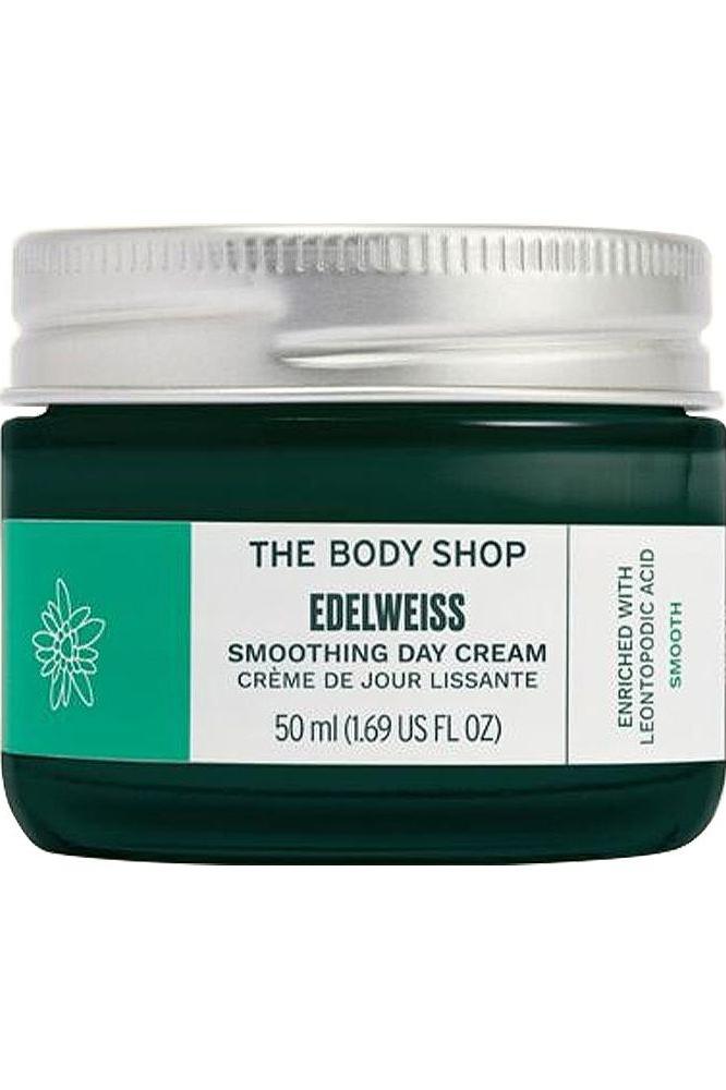The Body Shop Edelweiss Smoothing Day Cream 50 ml jar, suitable for all skin types, enriched with natural ingredients.