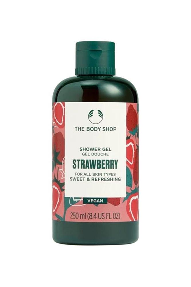 The Body Shop vegan strawberry shower gel in a green bottle, 250 ml, suitable for all skin types, sweet and refreshing.