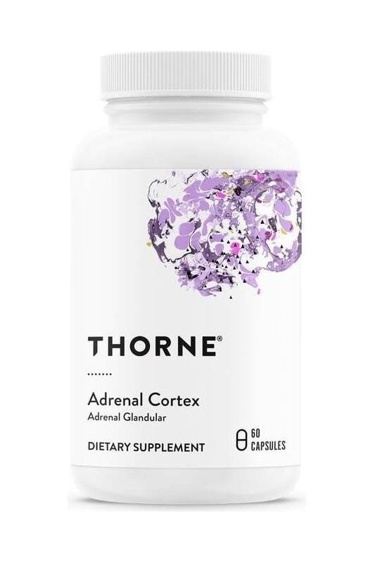 Thorne Adrenal Cortex dietary supplement bottle with 60 capsules for adrenal health support. Thorne Adrenal Cortex dietary supplement bottle with 60 capsules for adrenal health support.