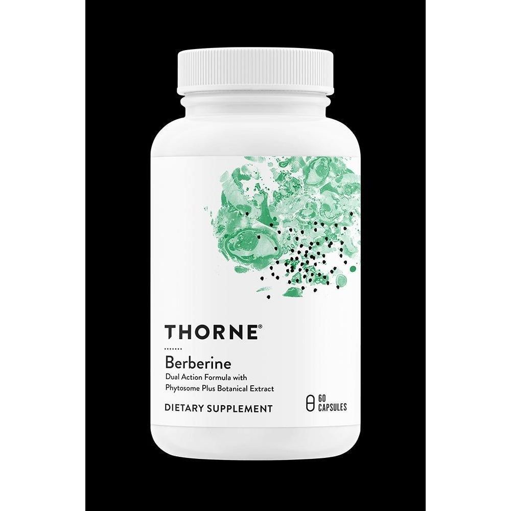 Thorne Berberine supplement bottle with 60 capsules for heart health and metabolic support. Thorne Berberine supplement bottle with 60 capsules for heart health and metabolic support.
