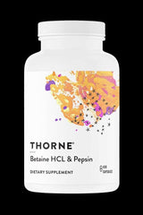 Thorne Betaine HCL & Pepsin dietary supplement bottle, 450 capsules for optimal digestion support.