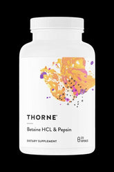Thorne Betaine HCL & Pepsin dietary supplement bottle with vibrant design, supporting digestion and nutrient absorption.