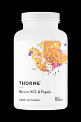 Thorne Betaine HCL & Pepsin dietary supplement bottle with vibrant design, supporting digestion and nutrient absorption.