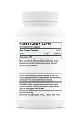 Thorne Biotin supplement facts showing biotin content and daily value for hair and nail health.