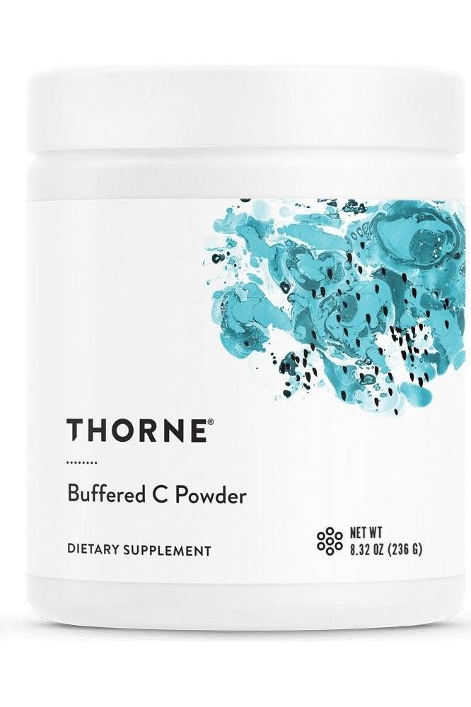 Thorne Buffered C Powder dietary supplement jar for immune support and collagen production.