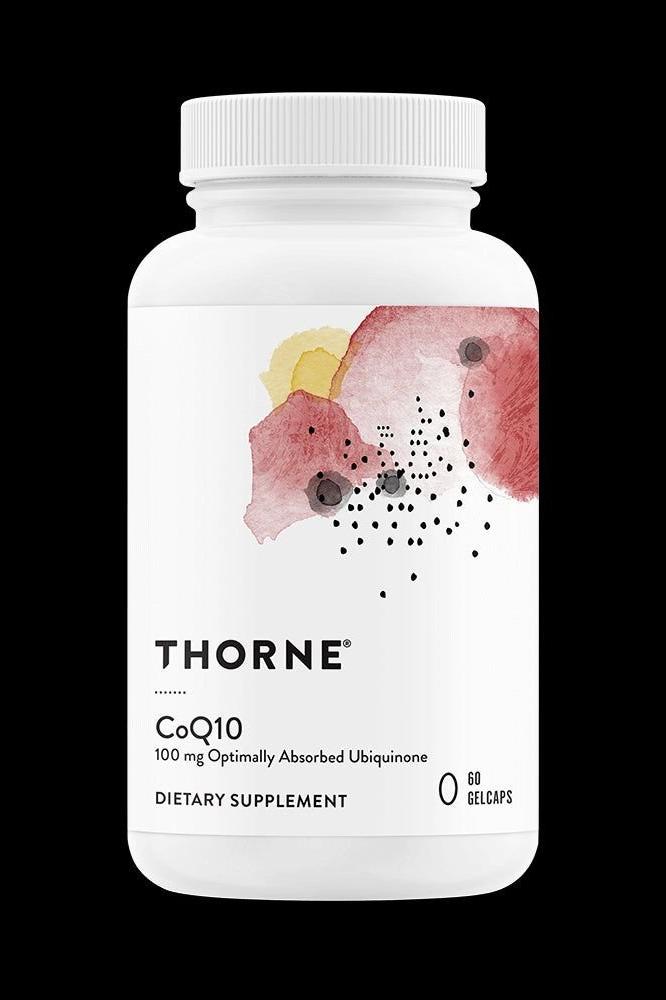 Thorne CoQ10 dietary supplement bottle, 60 capsules for heart and cellular health support.