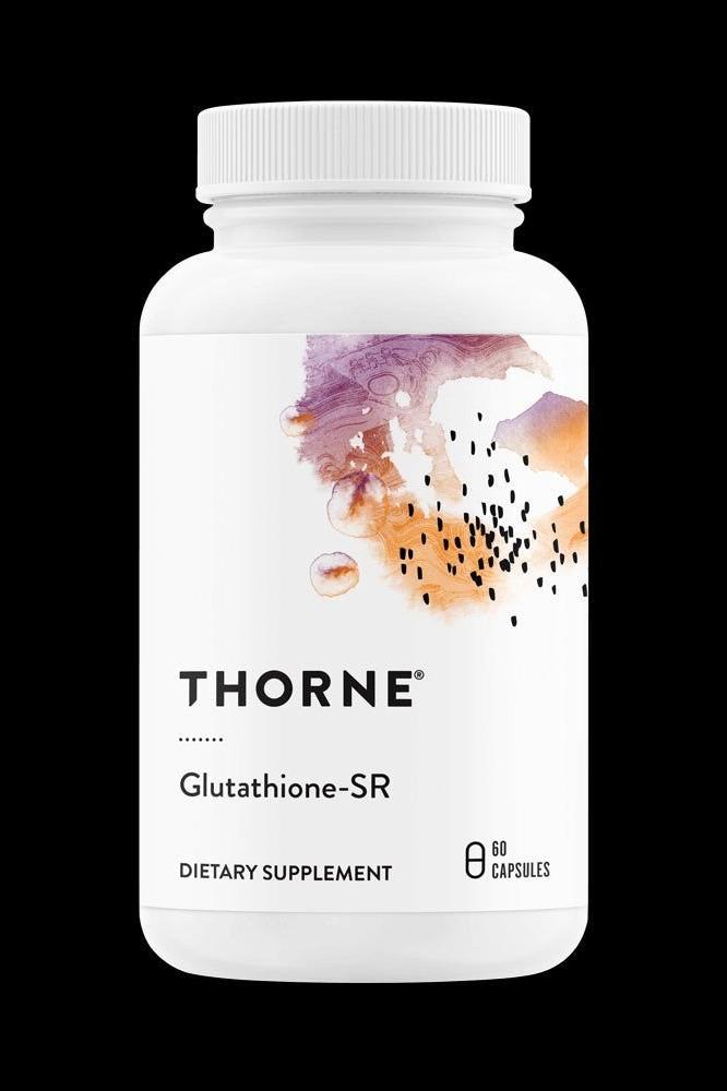 Thorne Glutathione-SR dietary supplement bottle with 60 capsules for antioxidant support and liver health.