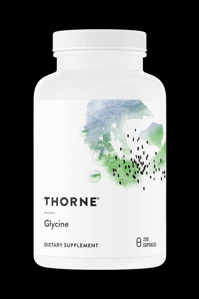 Thorne Glycine dietary supplement bottle with 250 capsules, promoting relaxation and normal muscle function. Thorne Glycine dietary supplement bottle with 250 capsules, promoting relaxation and normal muscle function.