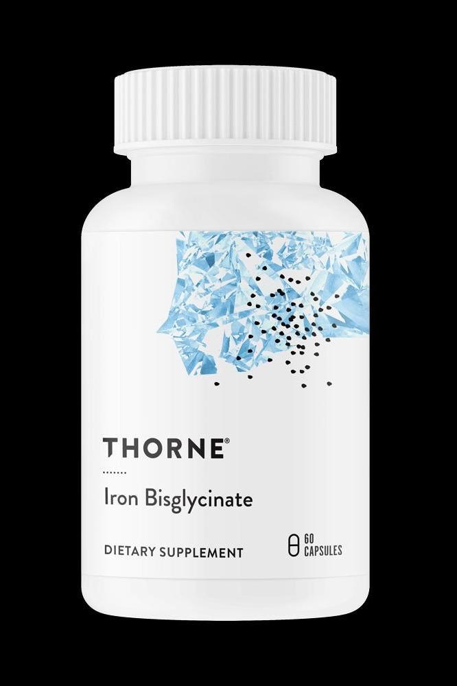 Thorne Iron Bisglycinate supplement bottle with 60 capsules for improved iron absorption and red blood cell health.