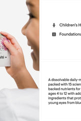 Child holding Thorne Kids Multi + supplement box, promoting healthy growth and immune support.