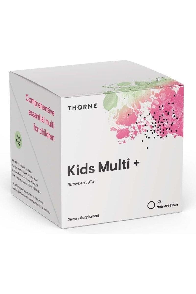 Thorne Kids Multi + dietary supplement box, designed for children's growth and immune support, flavored strawberry kiwi.
