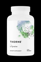 Thorne L-Tyrosine dietary supplement bottle containing 90 capsules for mental and hormonal support.