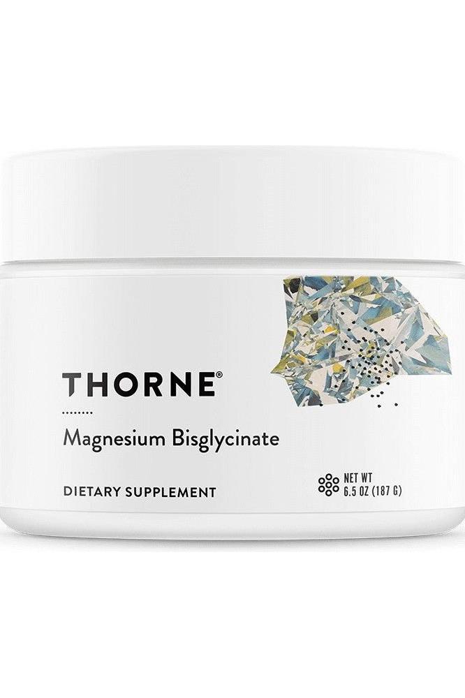 Thorne Magnesium Bisglycinate dietary supplement container for muscle and nerve support, featuring a modern design.