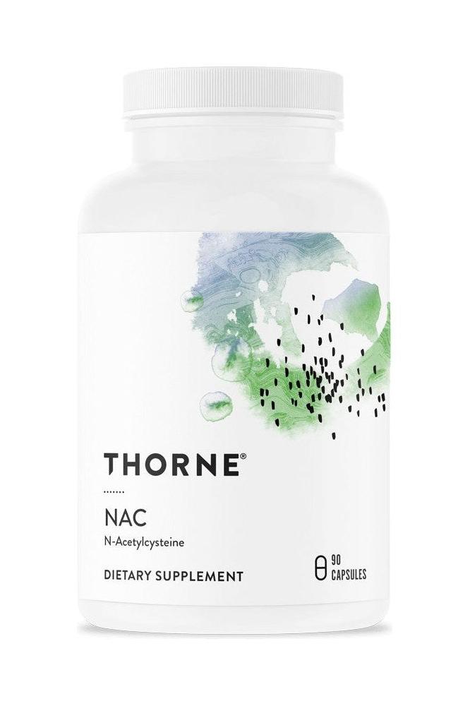 Thorne NAC N-Acetylcysteine dietary supplement bottle with 90 capsules for liver support and antioxidant protection.
