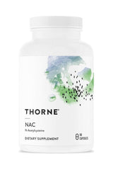 Thorne NAC N-Acetylcysteine dietary supplement bottle with 90 capsules for liver support and antioxidant protection.