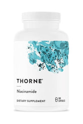 Thorne Niacinamide dietary supplement bottle, 180 capsules for skin health and cognitive support.