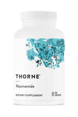 Thorne Niacinamide dietary supplement bottle, 180 capsules for skin health and cognitive support.