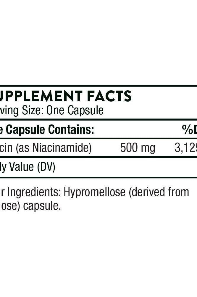 Supplement facts for Thorne Niacinamide providing dosage and ingredients. Supplement facts for Thorne Niacinamide providing dosage and ingredients.