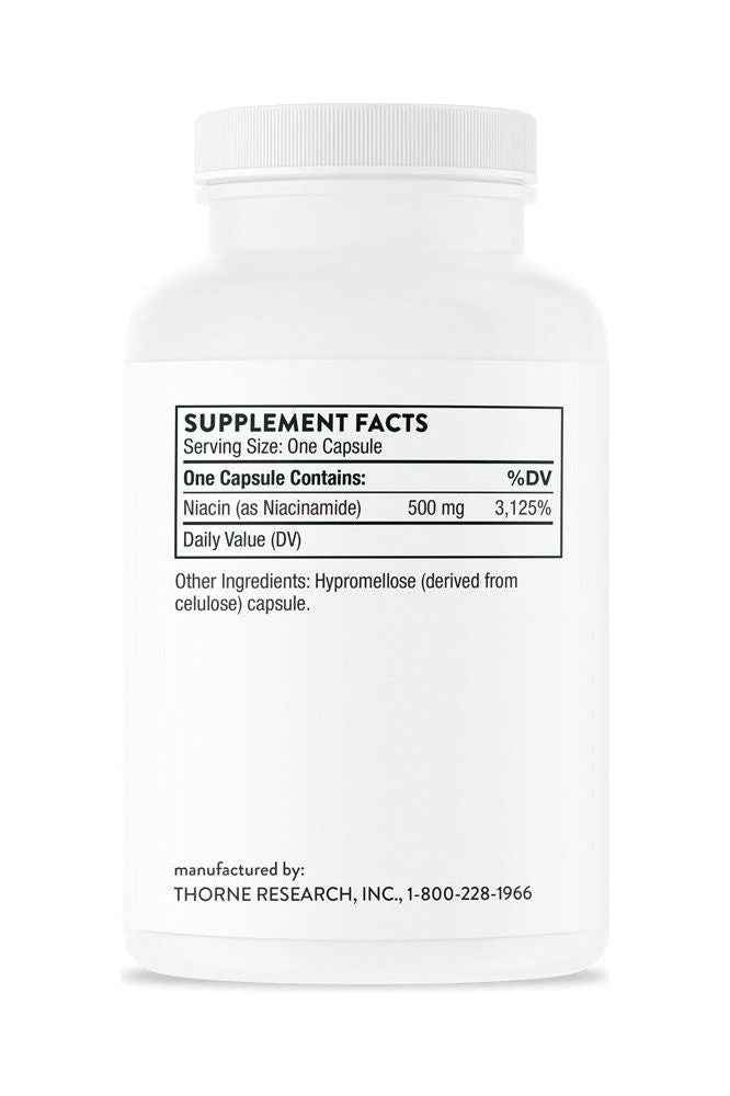 Thorne Niacinamide supplement bottle showing serving size and ingredients for skin and cognitive health. Thorne Niacinamide supplement bottle showing serving size and ingredients for skin and cognitive health.