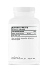 Thorne Niacinamide supplement bottle showing serving size and ingredients for skin and cognitive health.