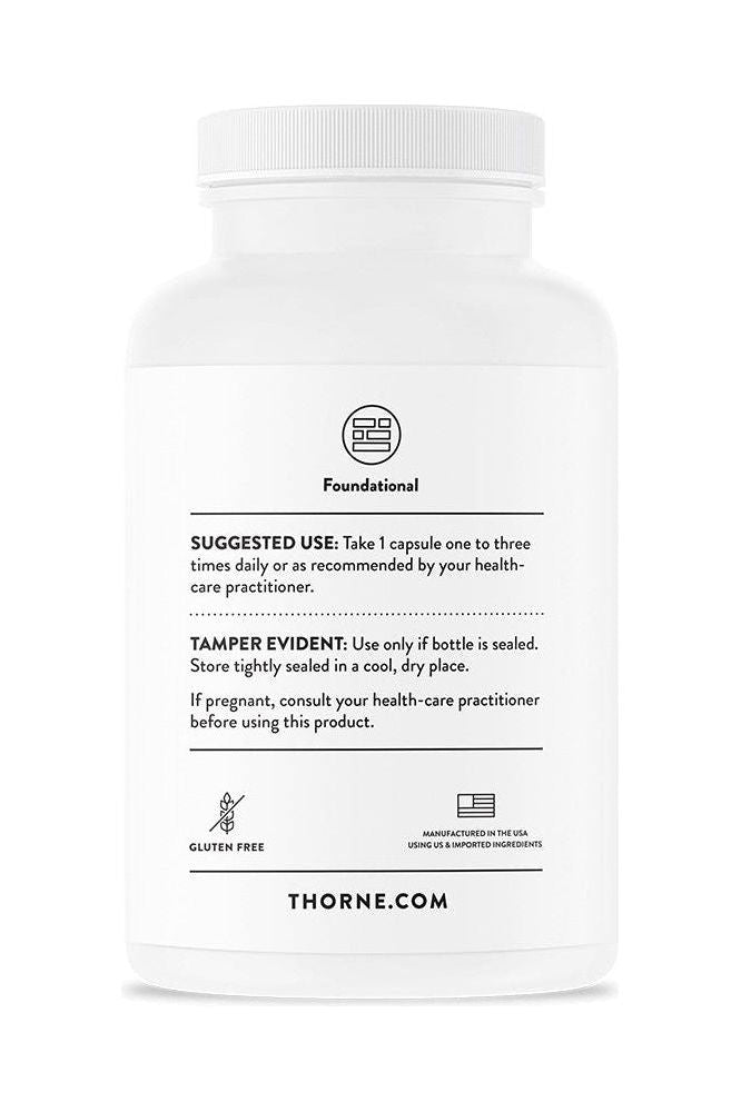 Thorne Foundational supplement bottle with usage instructions and gluten-free label. Thorne Foundational supplement bottle with usage instructions and gluten-free label.