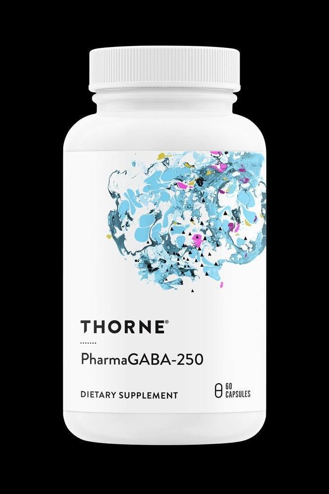 Thorne PharmaGABA-250 dietary supplement bottle with 60 capsules for stress relief and relaxation.