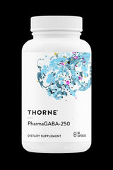 Thorne PharmaGABA-250 dietary supplement bottle with 60 capsules for stress relief and relaxation.