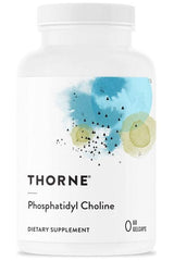 Thorne Phosphatidyl Choline supplement bottle with 60 capsules, promoting liver and brain health.