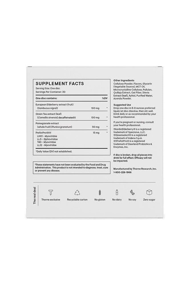 Thorne Prebiotic+ supplement facts panel with detailed ingredients and serving information. Thorne Prebiotic+ supplement facts panel with detailed ingredients and serving information.