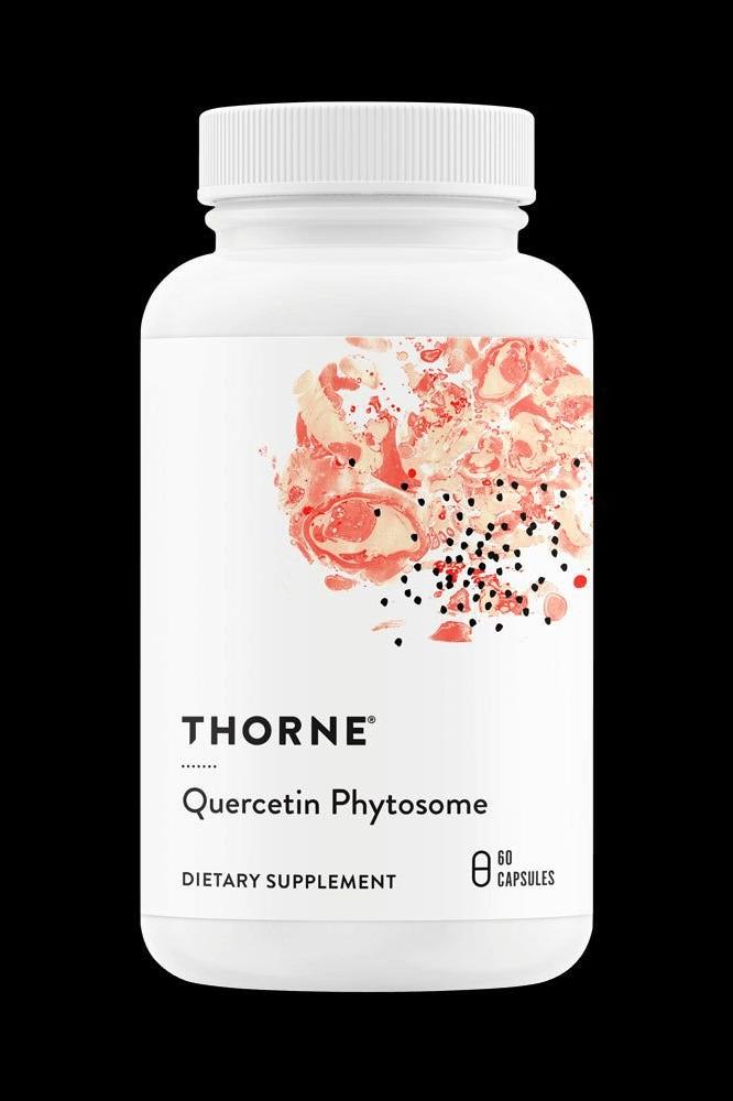 Thorne Quercetin Phytosome dietary supplement bottle with 60 capsules, promotes immune support and antioxidant benefits. Thorne Quercetin Phytosome dietary supplement bottle with 60 capsules, promotes immune support and antioxidant benefits.