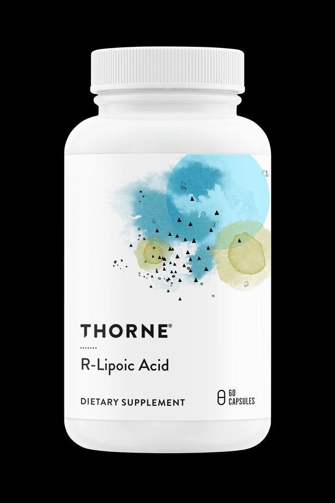 Thorne R-Lipoic Acid supplement bottle with 60 capsules for antioxidant support and health benefits. Thorne R-Lipoic Acid supplement bottle with 60 capsules for antioxidant support and health benefits.