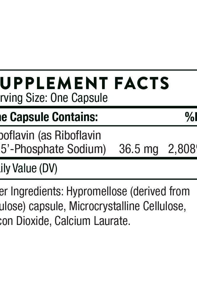 Supplement facts for Thorne Riboflavin 5'-Phosphate, detailing ingredients and nutrient content. Supplement facts for Thorne Riboflavin 5'-Phosphate, detailing ingredients and nutrient content.