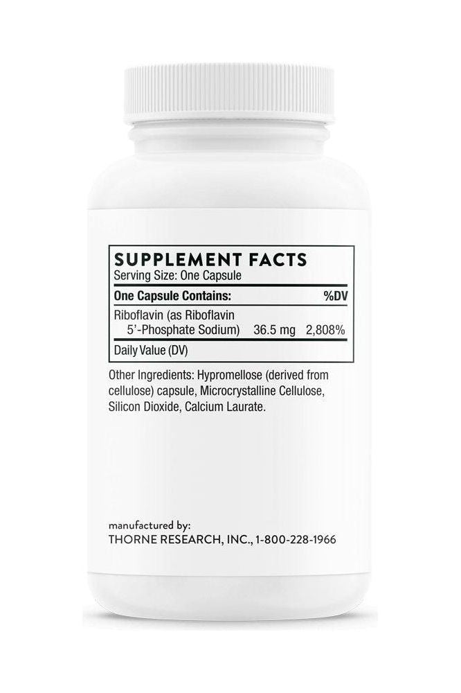 Thorne Riboflavin 5'-Phosphate supplement facts label, detailing ingredients and nutritional information. Thorne Riboflavin 5'-Phosphate supplement facts label, detailing ingredients and nutritional information.