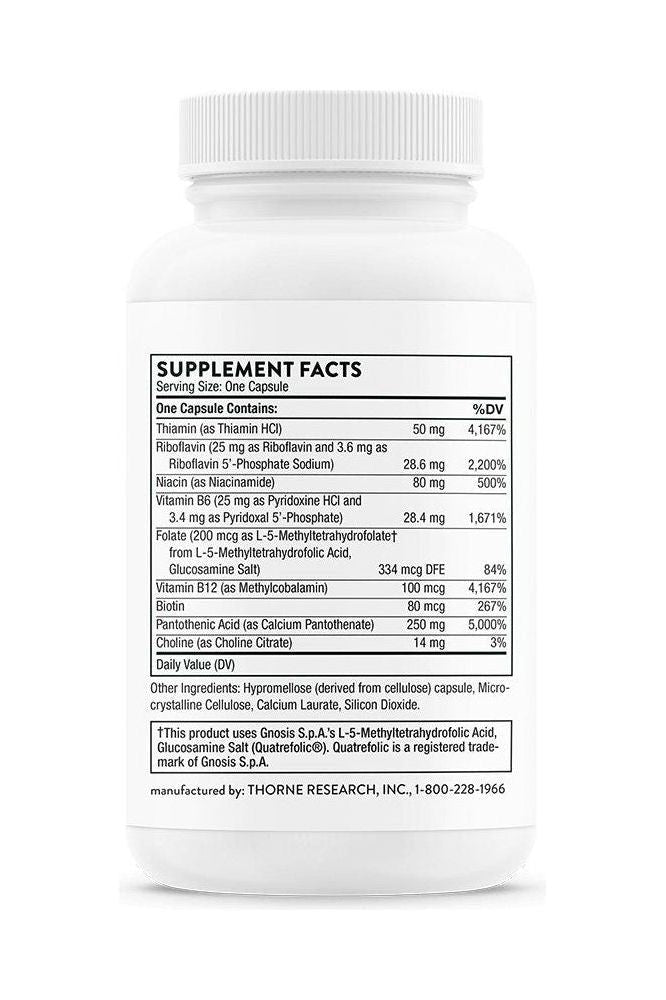 Thorne Stress B-Complex supplement facts label detailing B-vitamins and their benefits. Thorne Stress B-Complex supplement facts label detailing B-vitamins and their benefits.