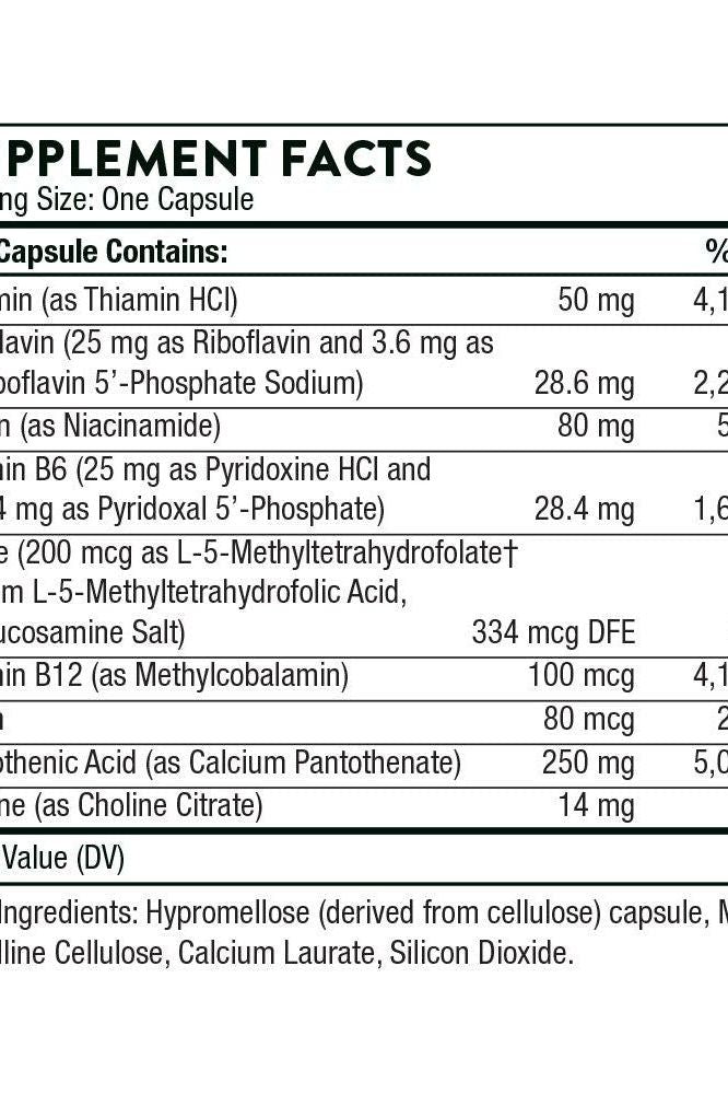 Supplement facts for Thorne Stress B-Complex vitamin capsules, detailing B-vitamin content and serving size. Supplement facts for Thorne Stress B-Complex vitamin capsules, detailing B-vitamin content and serving size.