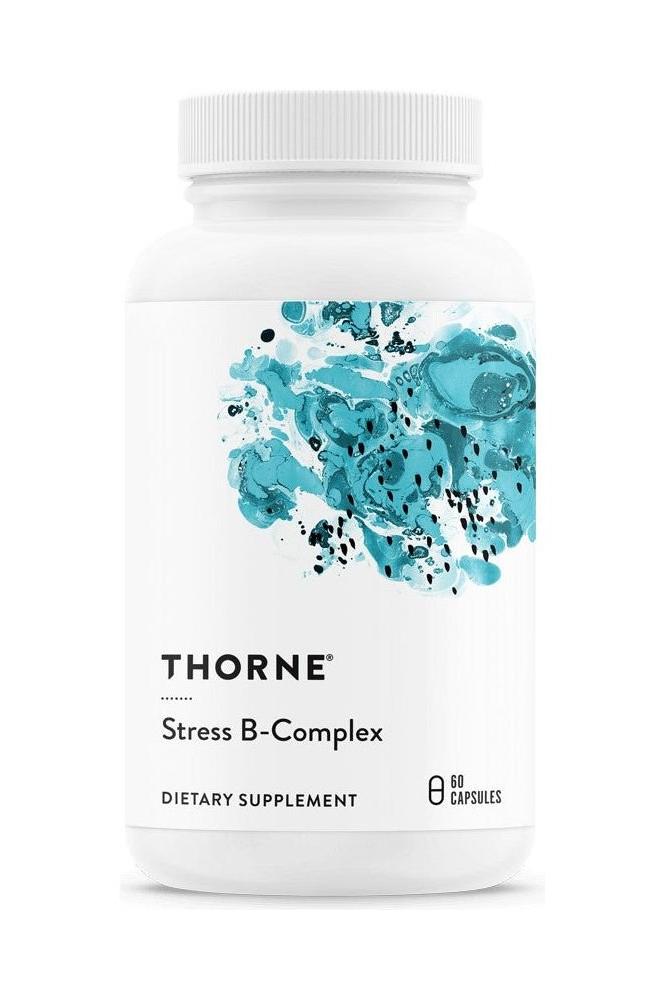 Thorne Stress B-Complex dietary supplement bottle with 60 capsules for stress management and energy support. Thorne Stress B-Complex dietary supplement bottle with 60 capsules for stress management and energy support.