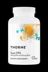 Thorne Super EPA dietary supplement bottle containing 90 gel capsules with 425 mg EPA and 270 mg DHA for heart and brain health.