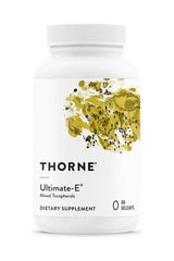 Thorne Ultimate-E dietary supplement bottle with mixed tocopherols for heart health and antioxidant support.
