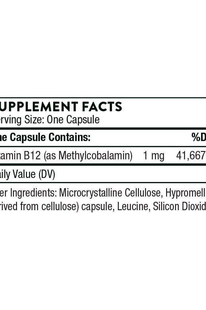 Supplement facts for Thorne Vitamin B12 showing ingredients and daily value. Supplement facts for Thorne Vitamin B12 showing ingredients and daily value.