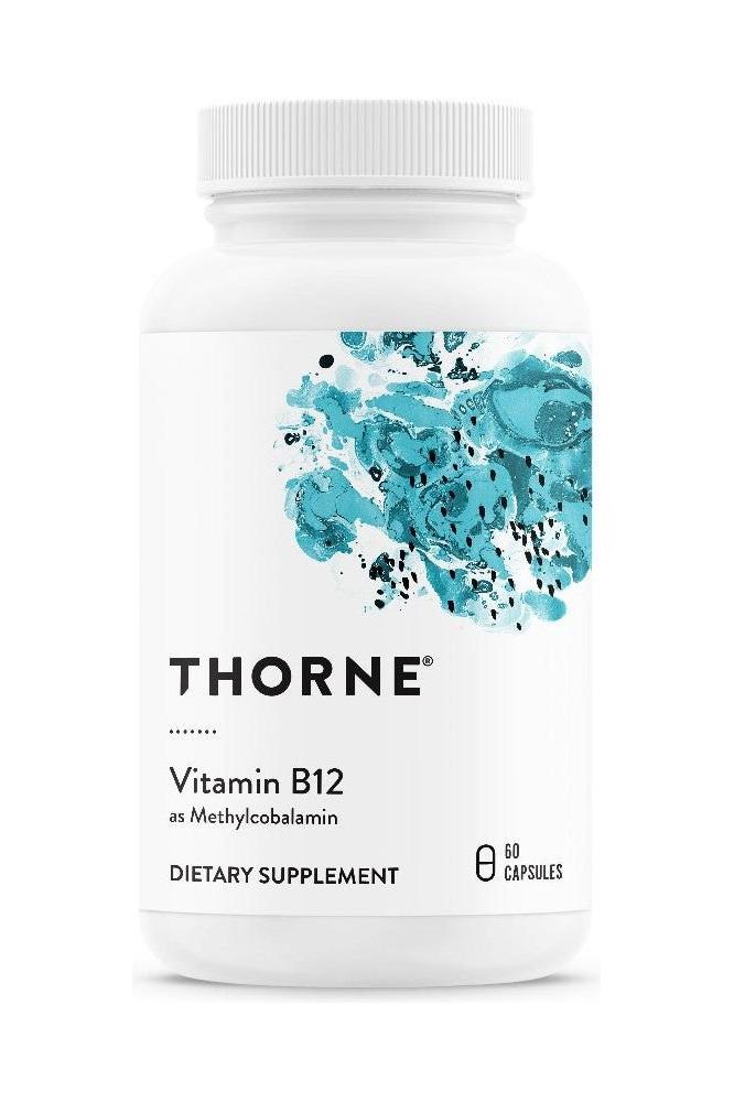 Thorne Vitamin B12 supplement bottle with methylcobalamin for energy and cognitive support. Thorne Vitamin B12 supplement bottle with methylcobalamin for energy and cognitive support.
