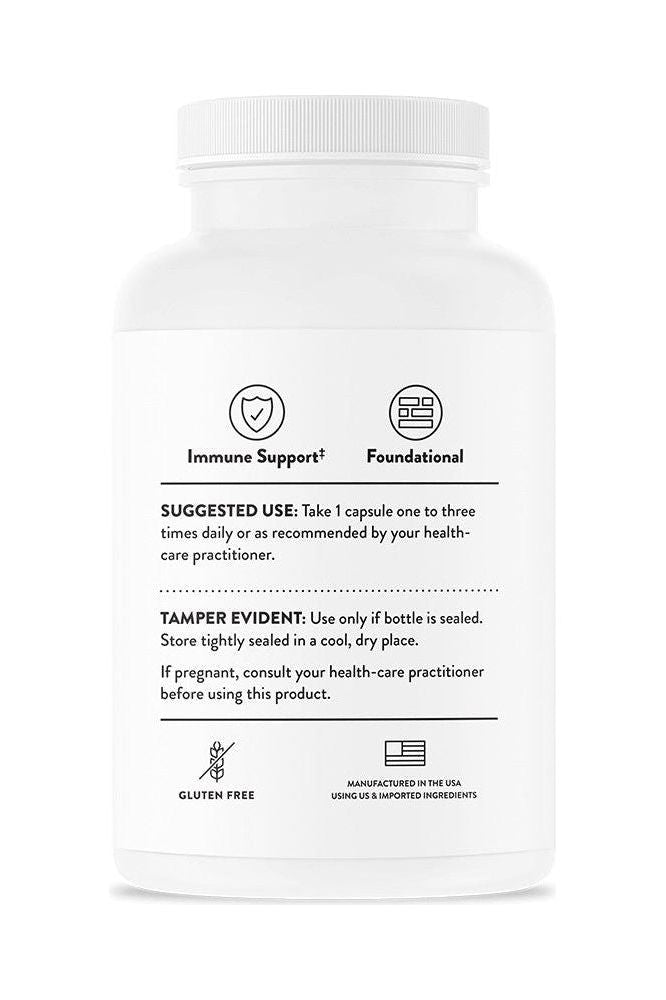 Thorne Vitamin C bottle showing immune support, suggested use, and gluten-free label for health benefits. Thorne Vitamin C bottle showing immune support, suggested use, and gluten-free label for health benefits.